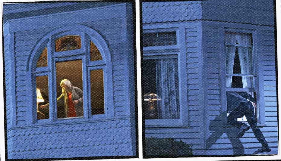 Two side-by-side illustrations; left image shows person in house; right side shows a different person climbing in a window two side-by-side illustrations; left image shows person in house; right side shows a different person climbing in a window