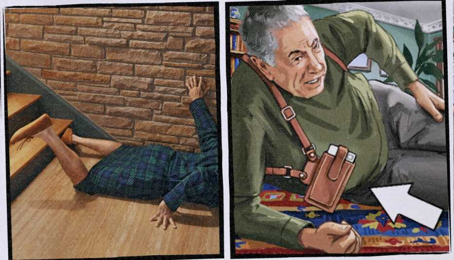 Two side-by-side illustrations; left shows bottom half of someone on floor; right shows person on floor with hand pressing on side two side-by-side illustrations; left shows bottom half of someone on floor; right shows person on floor with hand pressing on side