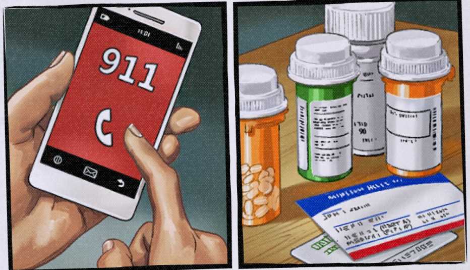 Two side-by-side illustrations; hand dialing 911 in left image; bottles of pills and medical cards in right image two side-by-side illustrations; hand dialing 911 in left image; bottles of pills and medical cards in right image