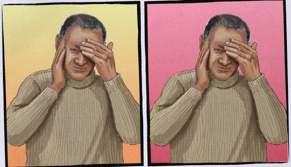 two side-by-side illustrations of man with one hand on side of face and one on forehead