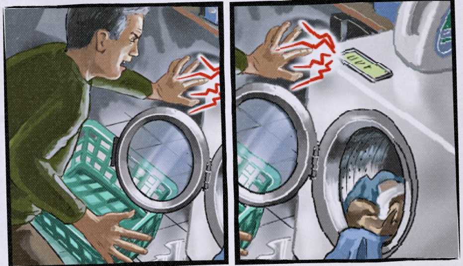 two side-by-side illustrations; left is person with laundry basket next to dryer; right is person's hand touching dryer and getting shocked