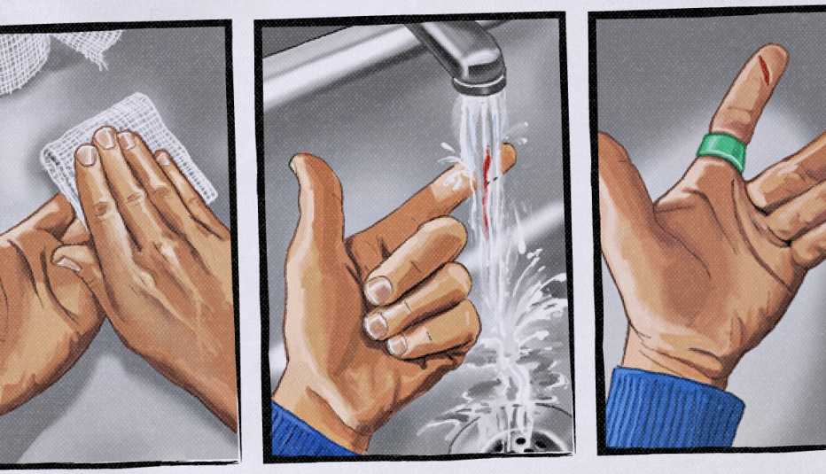 three side-by-side illustrations; left is hand holding cloth on other hand; center is hand under running water; right is cut on finger