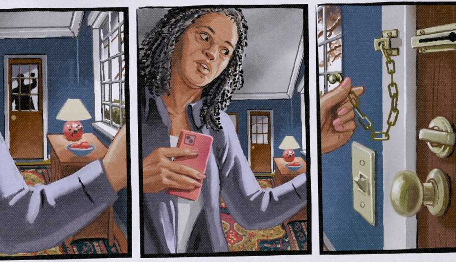 three side-by-side illustrations; left is person in distance knocking on door; center is woman with cell phone; right is hand locking door