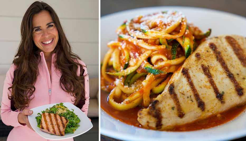 devin alexander holding one of her salmon recipe dishes and a closeup of grilled chicken and zoodles