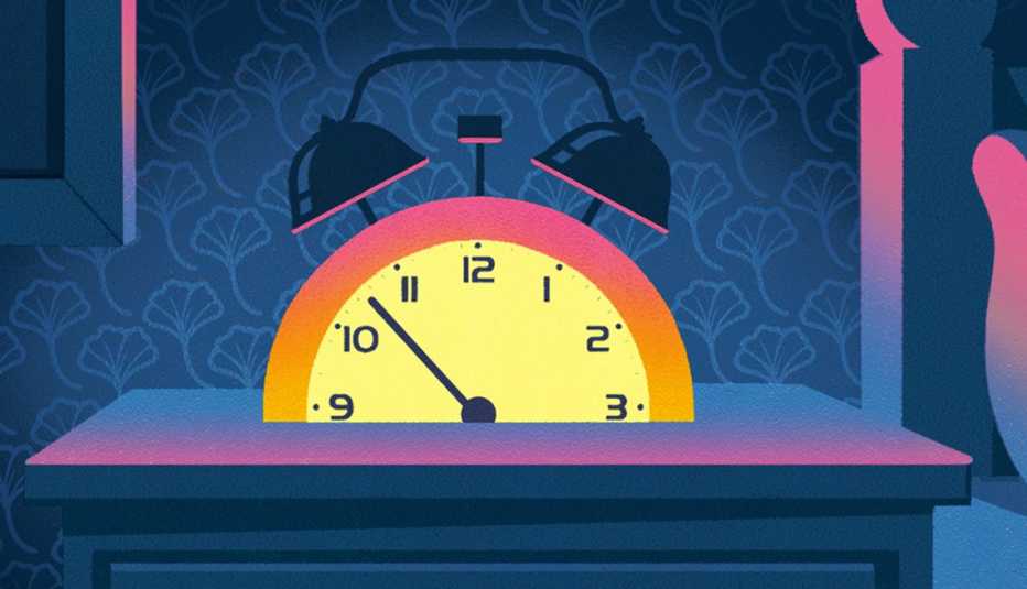 illustration of an alarm clock that is shaped like a sun coming over the horizon and glows with sunlight on a bedside table