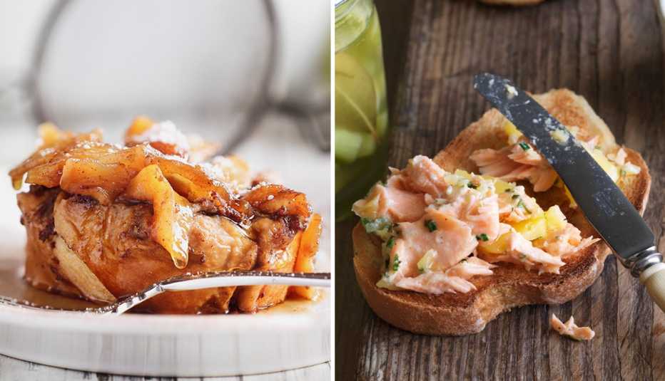 left pain perdu bread pudding right salmon tartine spread