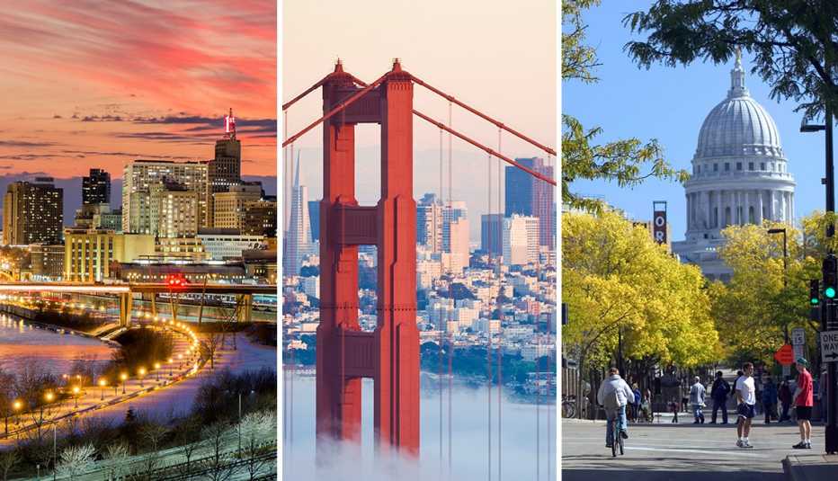 from left to right the skyline of saint paul minnesota then san francisco as seen through the golden gate bridge in california then state street pedestrian mall in madison wisconsin from left to right the skyline of saint paul minnesota then san francisco as seen through the golden gate bridge in california then state street pedestrian mall in madison wisconsin