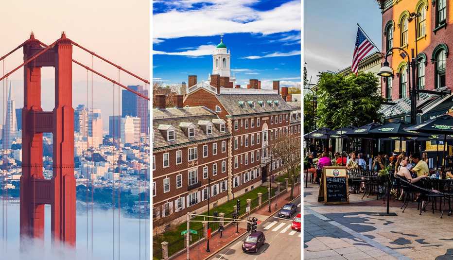 from left to right san francisco as seen through the golden gate bridge in california then kennedy street in cambridge massachusetts then church street in burlington vermont from left to right san francisco as seen through the golden gate bridge in california then kennedy street in cambridge massachusetts then church street in burlington vermont