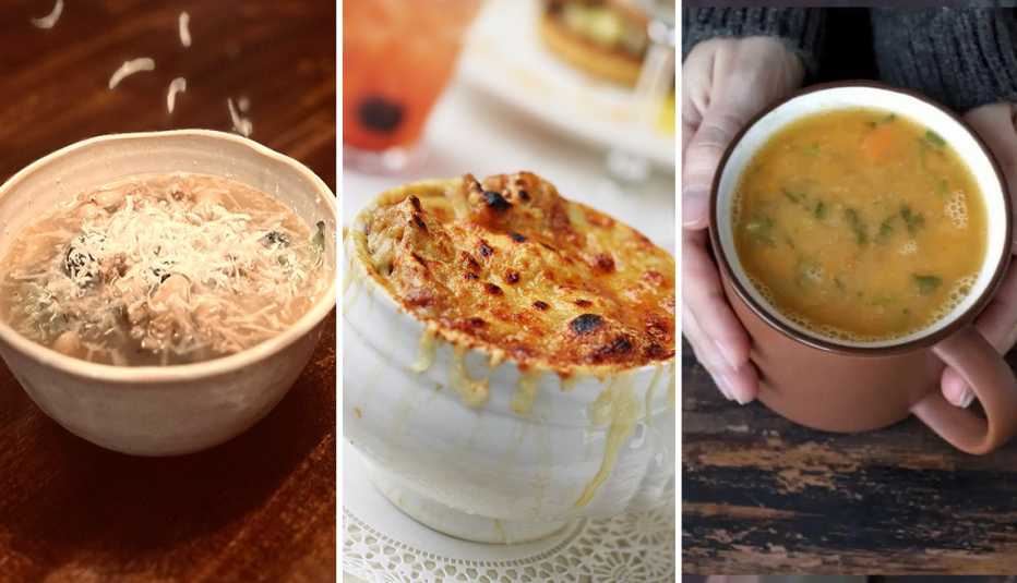 from left to right cozy winter soups such as white bean and sausage soup then onion soup then lemon coriander soup