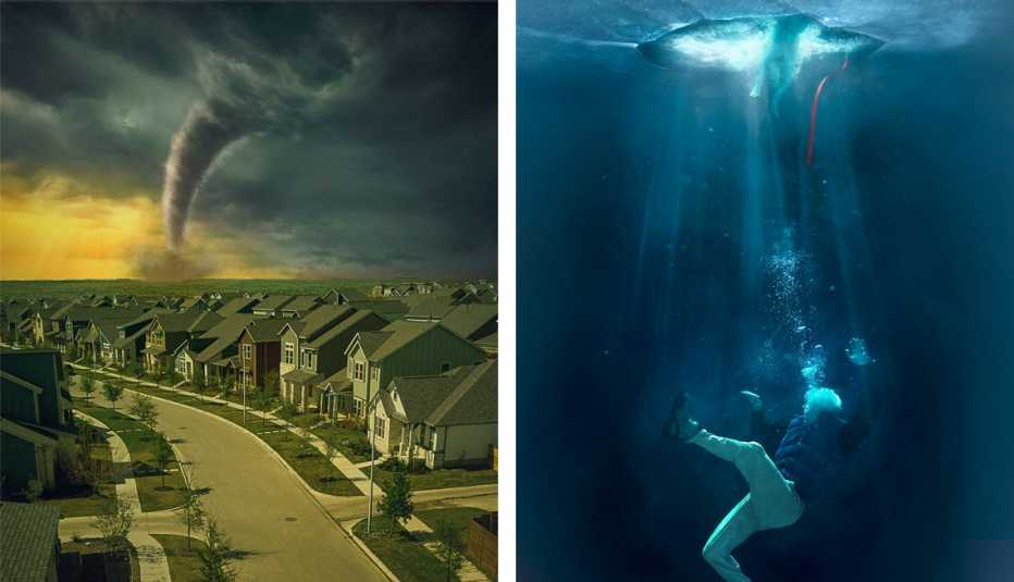 left a tornado approaching a suburban neighborhood right a man and dog falling through the ice left a tornado approaching a suburban neighborhood right a man and dog falling through the ice