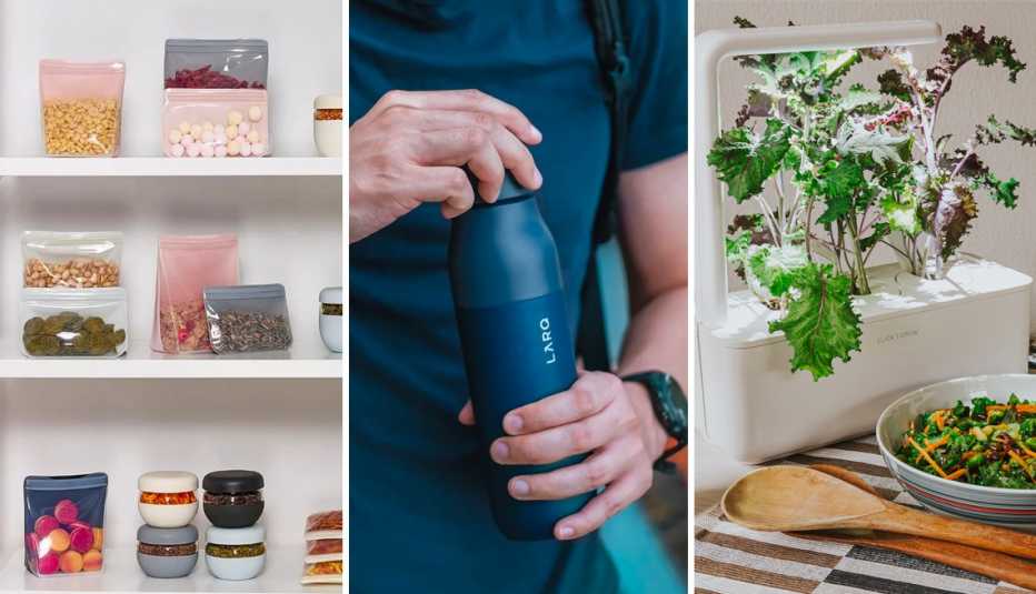 left to right reusable silicon bags then a self disinfecting water bottle then an indoor plant grower