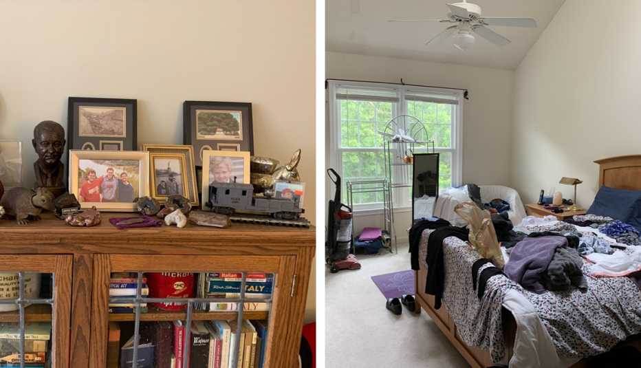 two images one of a cluttered dresser cabinet and another of a bed heaped with laundry two images one of a cluttered dresser cabinet and another of a bed heaped with laundry