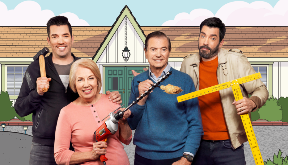 Property Brothers and their parents holding home improvement tools Property Brothers and their parents holding home improvement tools