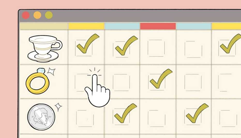 illustration of a calendar with tea cup, ring and coin in different squares; checkmarks in some boxes