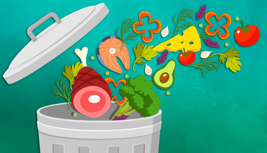 foods such as vegetables meat and cheese being thrown into a trash can