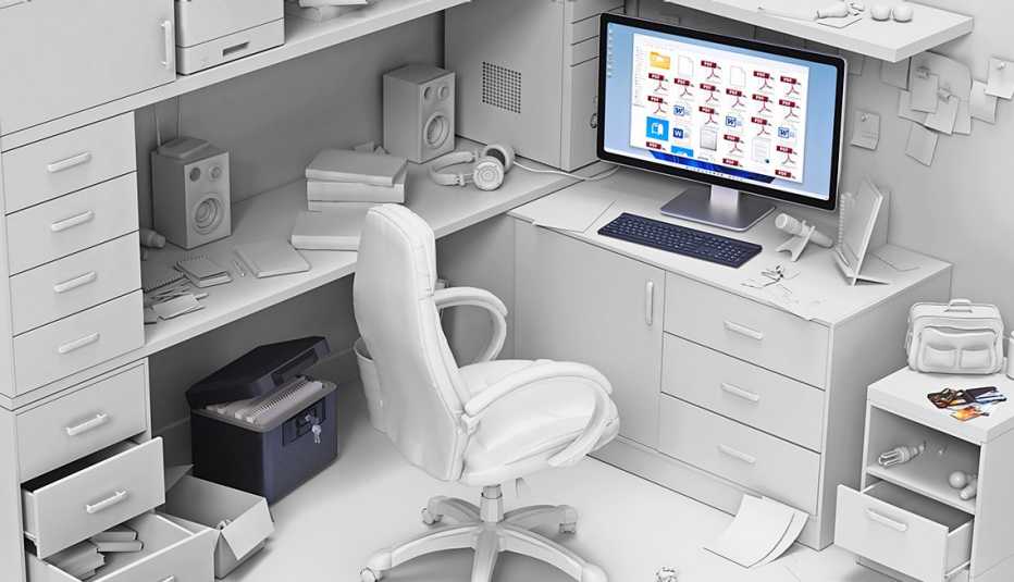 office cubicle with document storage places highlighted: drawers, file boxes, and computer
