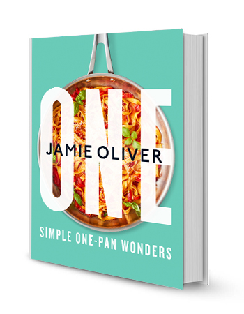 teal book cover showing frying pan with food in it, the words jamie oliver one simple one-pan wonders are on cover teal book cover showing frying pan with food in it, the words jamie oliver one simple one-pan wonders are on cover
