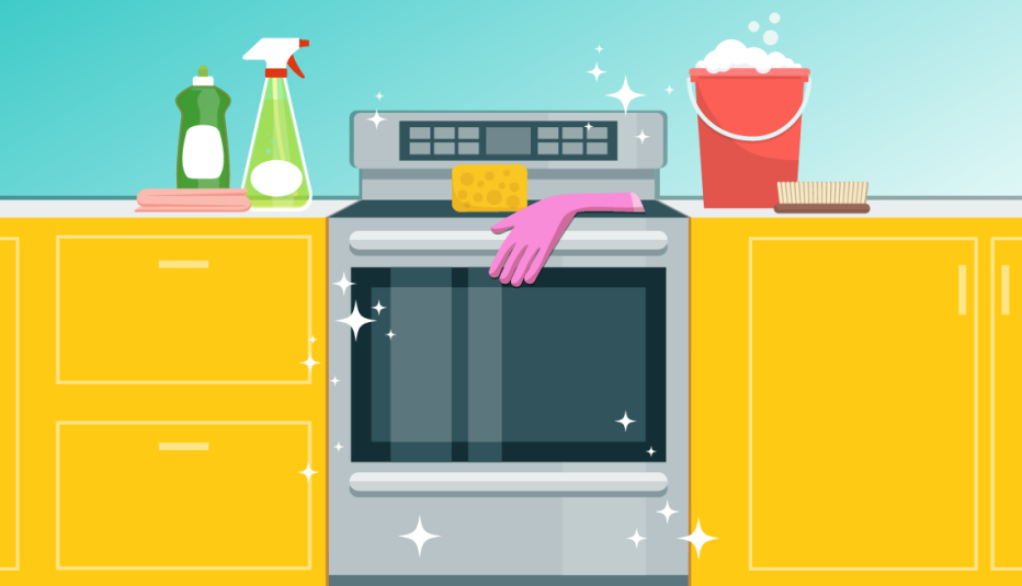 a sparkling clean oven surrounded by various cleaning products