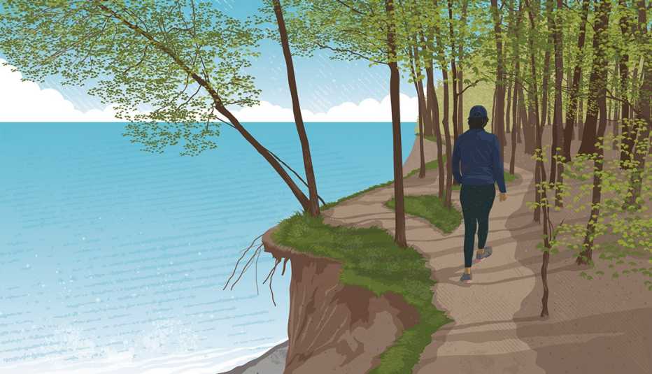 illustration of a woman wearing hiking gear walking through trees with a view of a body of blue water far below