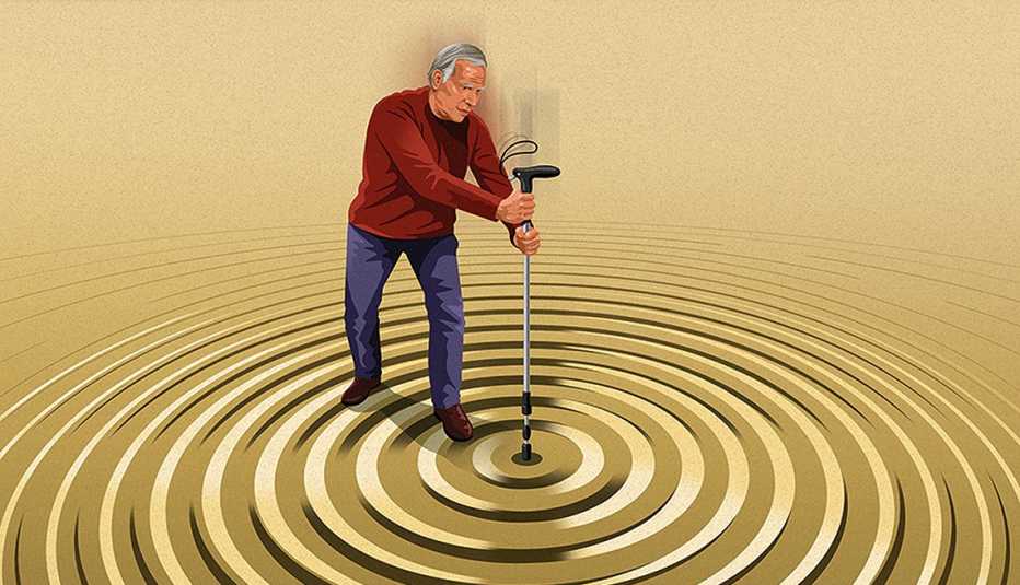man holding cane, hitting it against ground, making waves