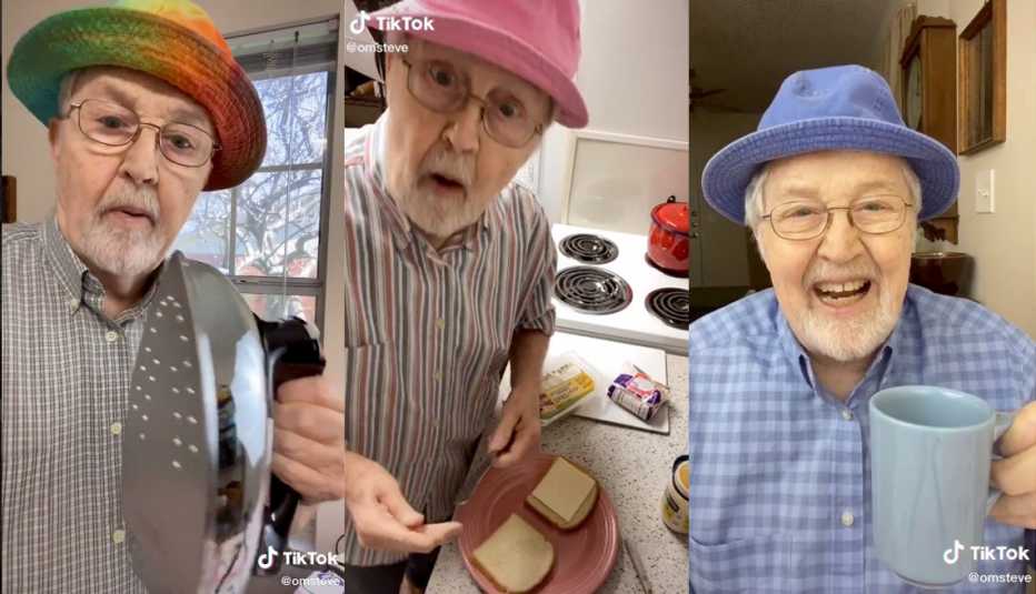 three screenshots from social media platform tik tok of trending user old man steve
