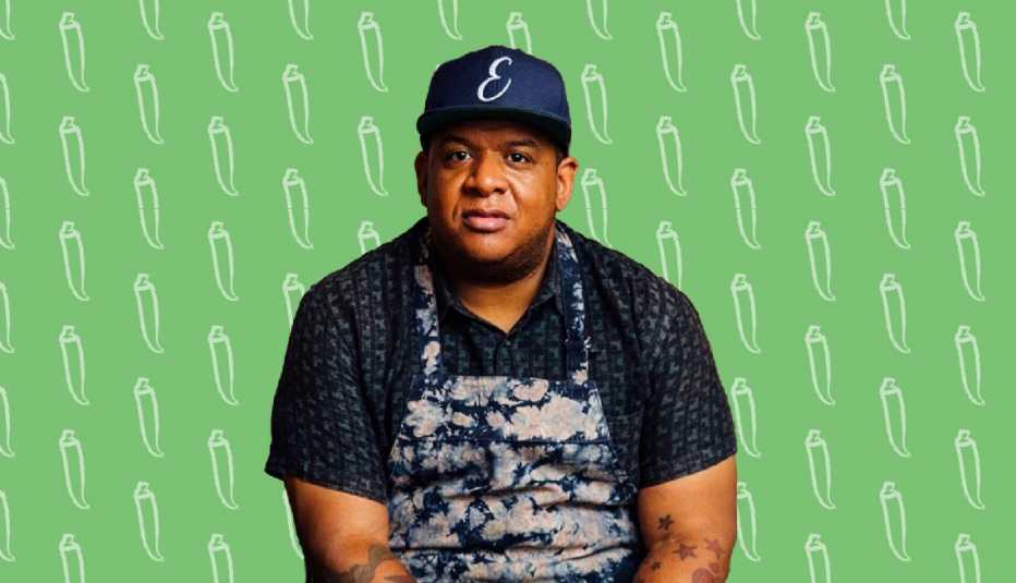 Todd Richards against green background with outlines of jalapeno peppers todd richards against green background with outlines of jalapeno peppers