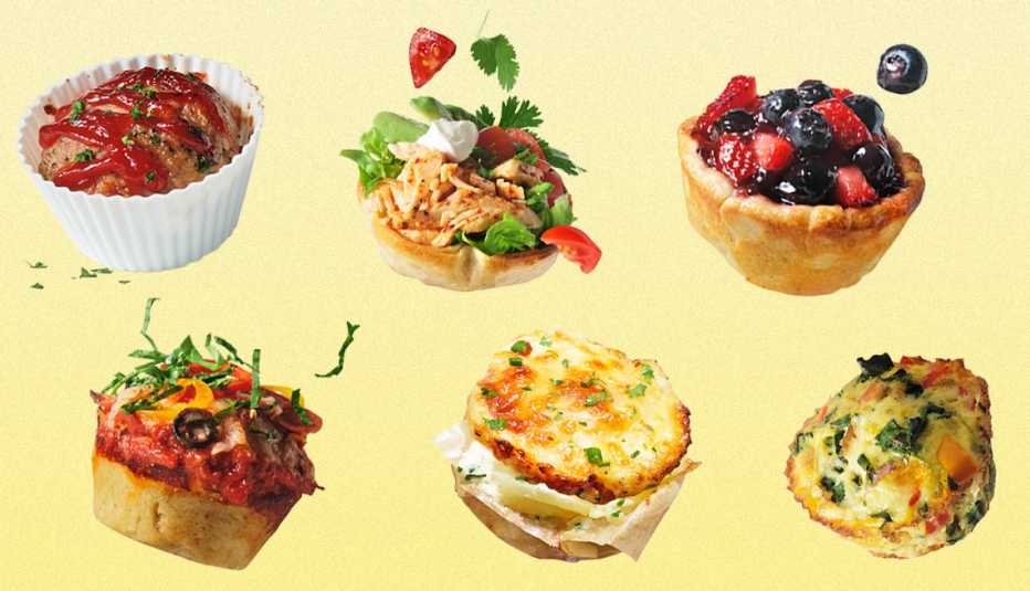recipes that can be made in a muffin tin including mini meat loaf and taco salad cups and fruit pies and mini pizzas and potato gratin and frittatas