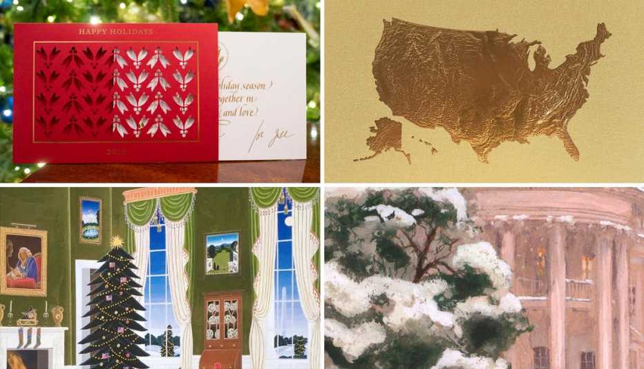 from top left clockwise president bidens holiday card then president trumps holiday card then president clintons holiday card then president george w bushs holiday card