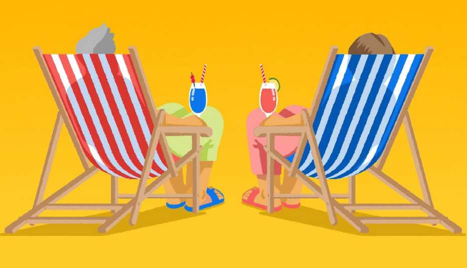 Illustration of the back of two people sitting in beach chairs holding drinks