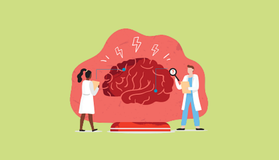illustration of two people in lab coats looking at a large brain