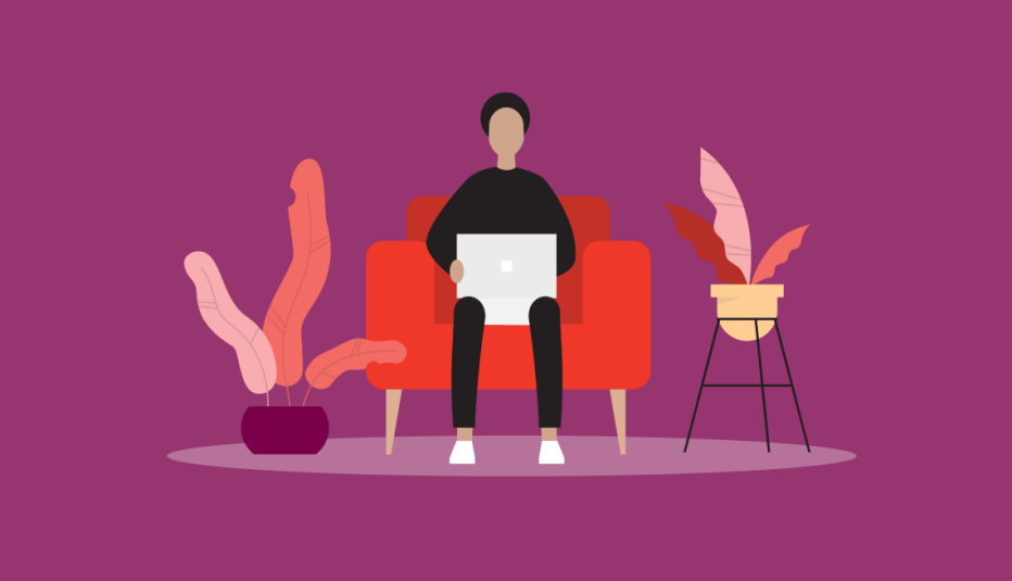illustration of a person sitting on a couch looking at a laptop