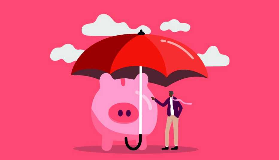 Graphic of a large piggy bank and a man standing under an umbrella