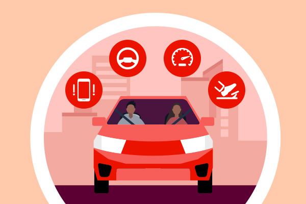 Graphic of a car with icons representing driving technology