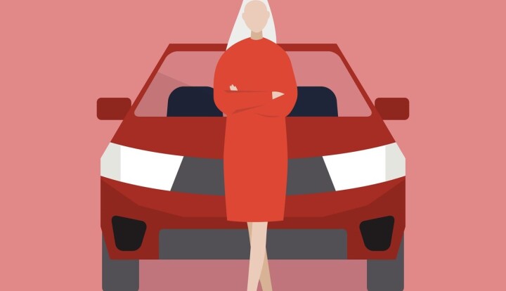 Graphic of a woman leaning against the hood of a car