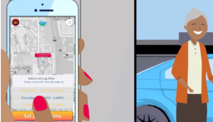 Graphic of a woman using a ride sharing app