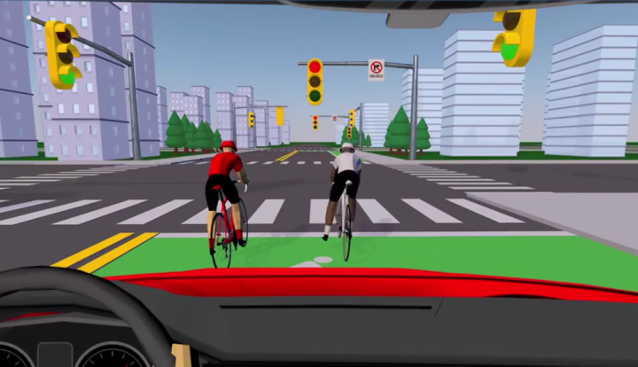 Graphic of a car stopped at a traffic light behind cyclists