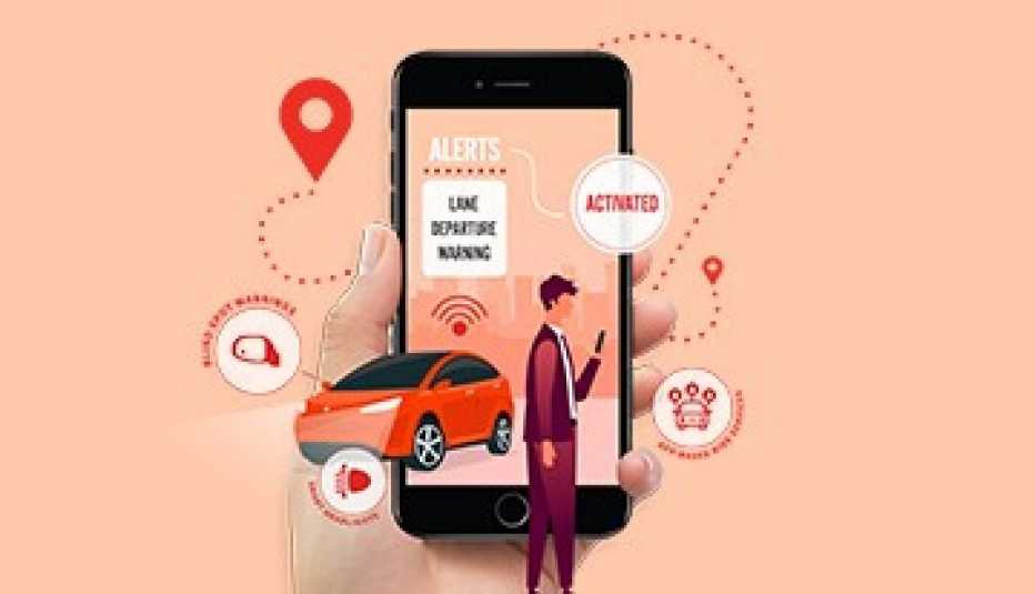 Graphic of a smartphone featuring icons of car technology