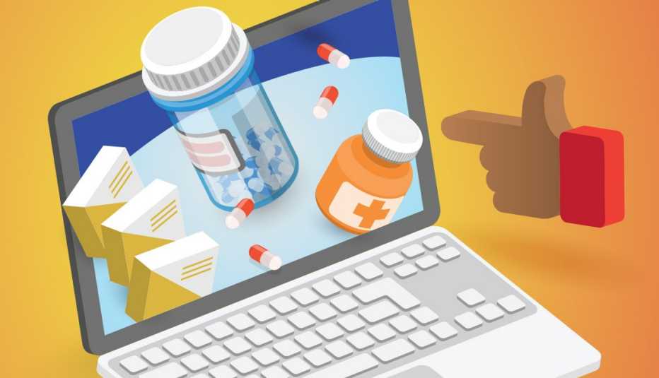 a laptop with the medicare website and prescription drugs coming out of the screen to show medicare part d plans