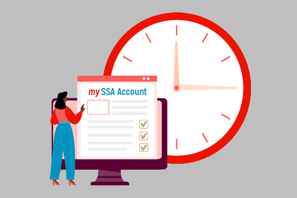 Graphic of a person filling out a web page with a giant clock in the background.