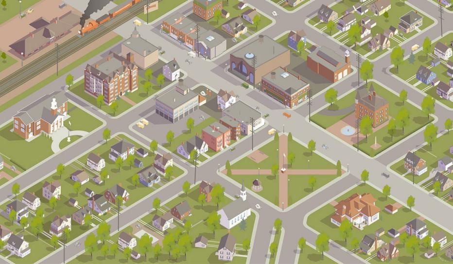 Illustrated, aerial view of a townscape