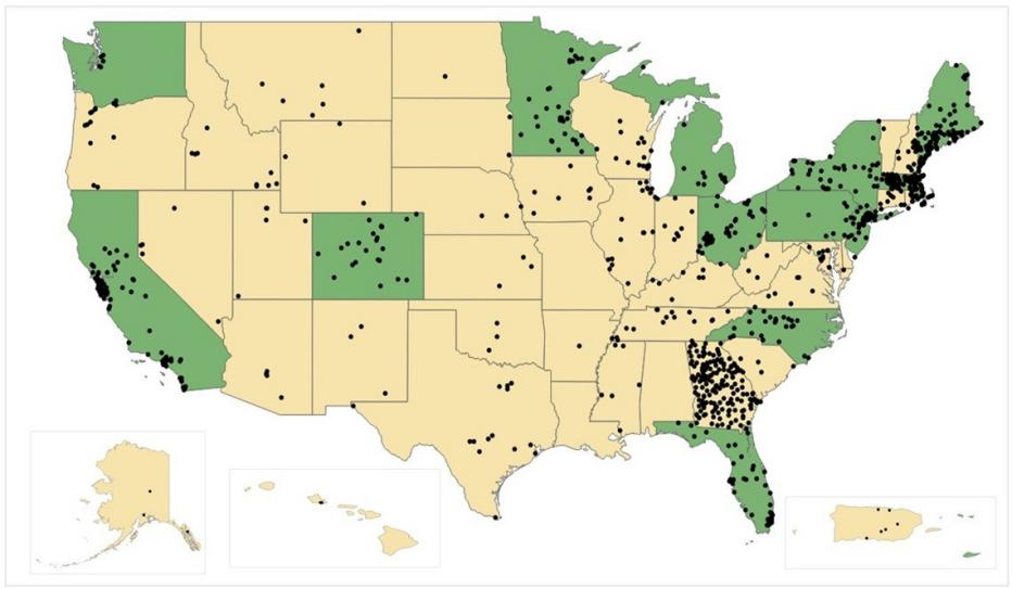 Map of communities enrolled in the AARP Network of Age-Friendly States and Communities as of April 2026