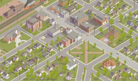 Illustrated, aerial view of a townscape