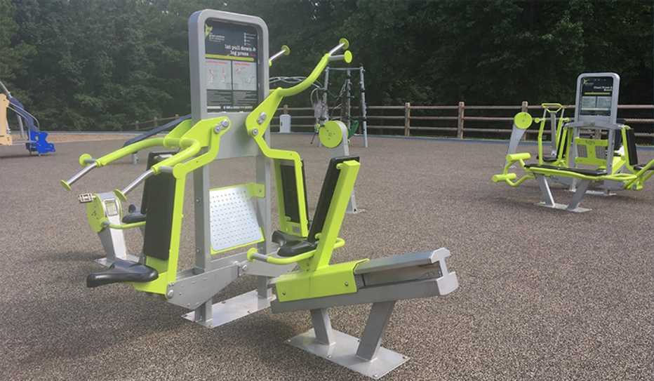 Fitness equipment at the Marian Diehl Intergenerational Playground in Charlotte, North Carolina