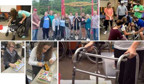 6 images showing students working on durable medical equipment repair projects