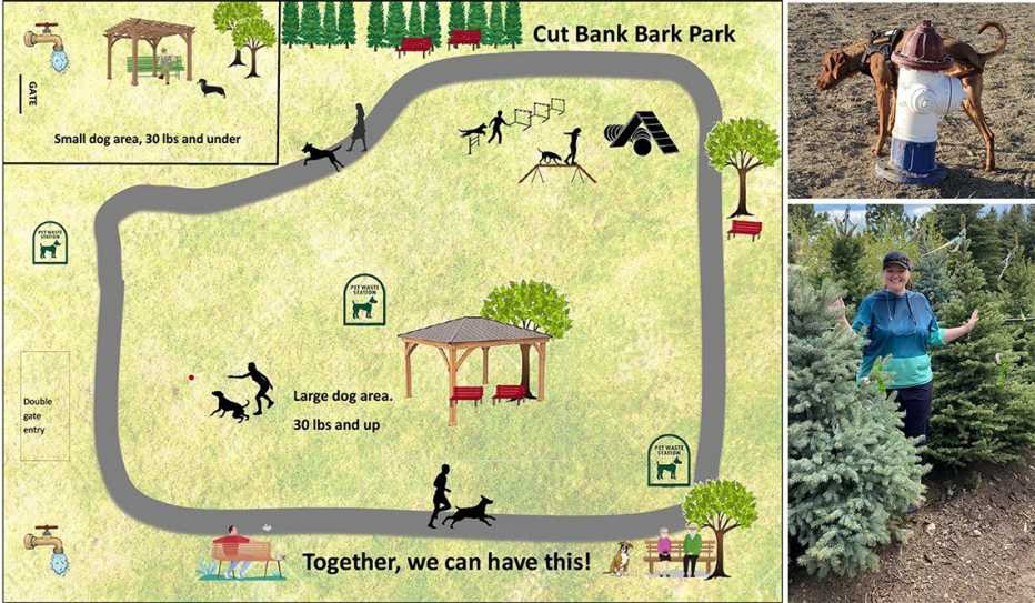 An illustration of the Cut Bank City Bark Park site plan, a dog at a fire hydrant, and a woman poses with pine tree plants An illustration of the Cut Bank City Bark Park site plan, a dog at a fire hydrant, and a woman poses with pine tree plants