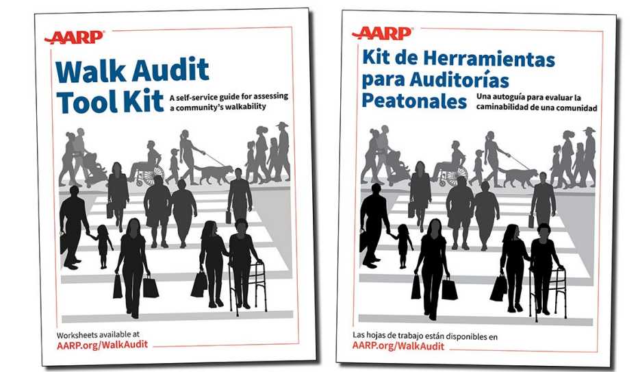 Covers of the AARP Walk Audit Tool Kit and Kit de Herramientas para Auditorias Peatonales  