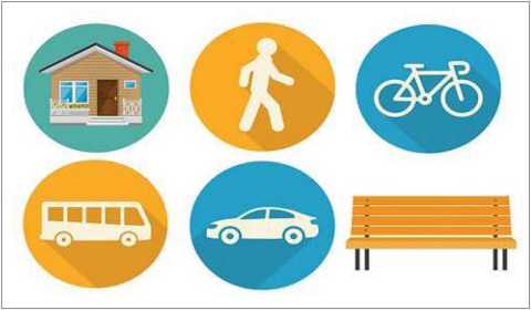 Illustrated icons representing housing, transportation and public places