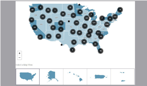 Illustrated map of the United States showing the locations of AARP Community Challenge projects