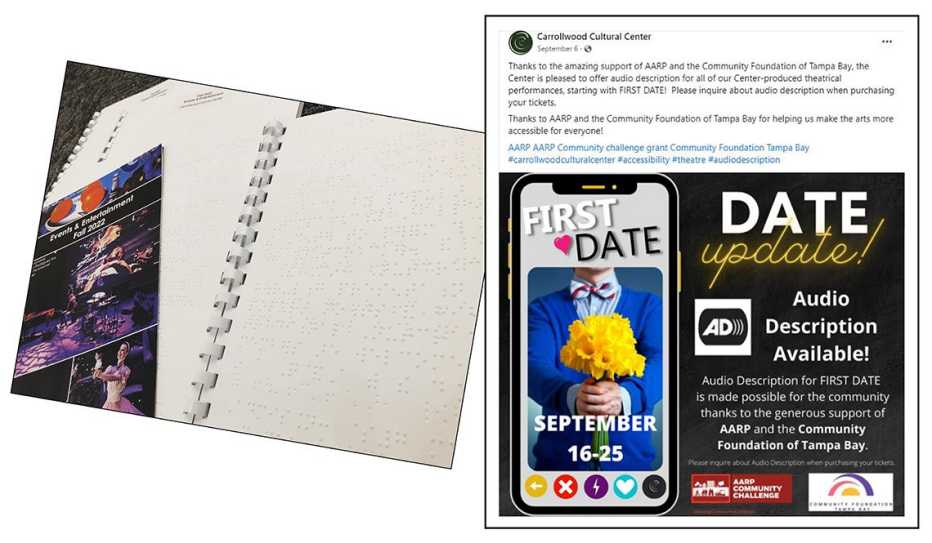 A theater program written in braille and a Facebook post announcing that audio descriptions are available at the Carrollwood Cultural Center
