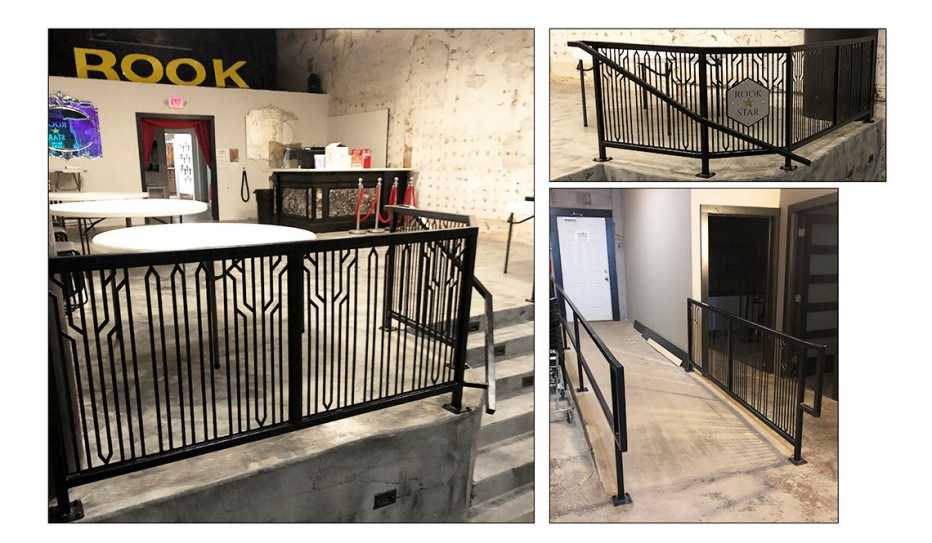 Three views of the new railings and ramp at The Rook Theater